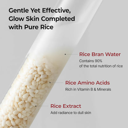 Rice bran water with text highlighting its benefits on a gray background