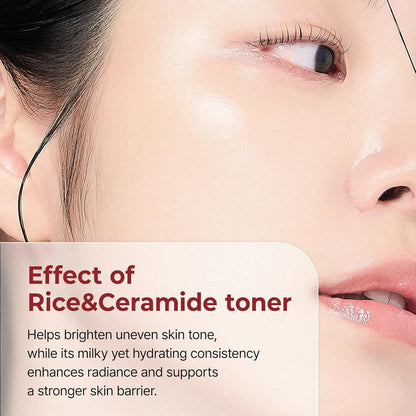 Close-up of a person's face with text about the effects of Rice&Ceramide toner.