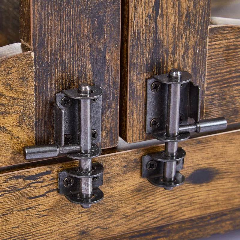Close-up of wooden panel with metal hardware