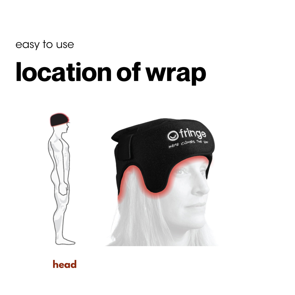 Black head wrap with branding on a mannequin head, accompanied by text indicating ease of use and location.