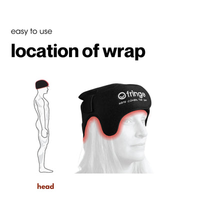 Black head wrap with branding on a mannequin head, accompanied by text indicating ease of use and location.
