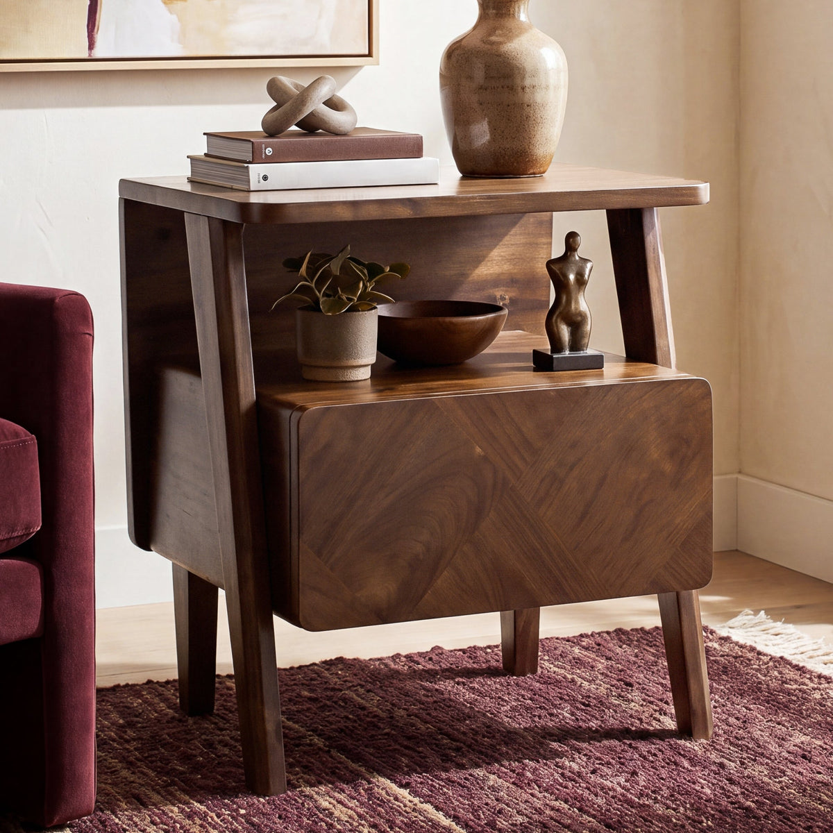 Rum Handcrafted Solid Wood Nightstand