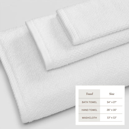 Set of white towels with size chart on a light gray background