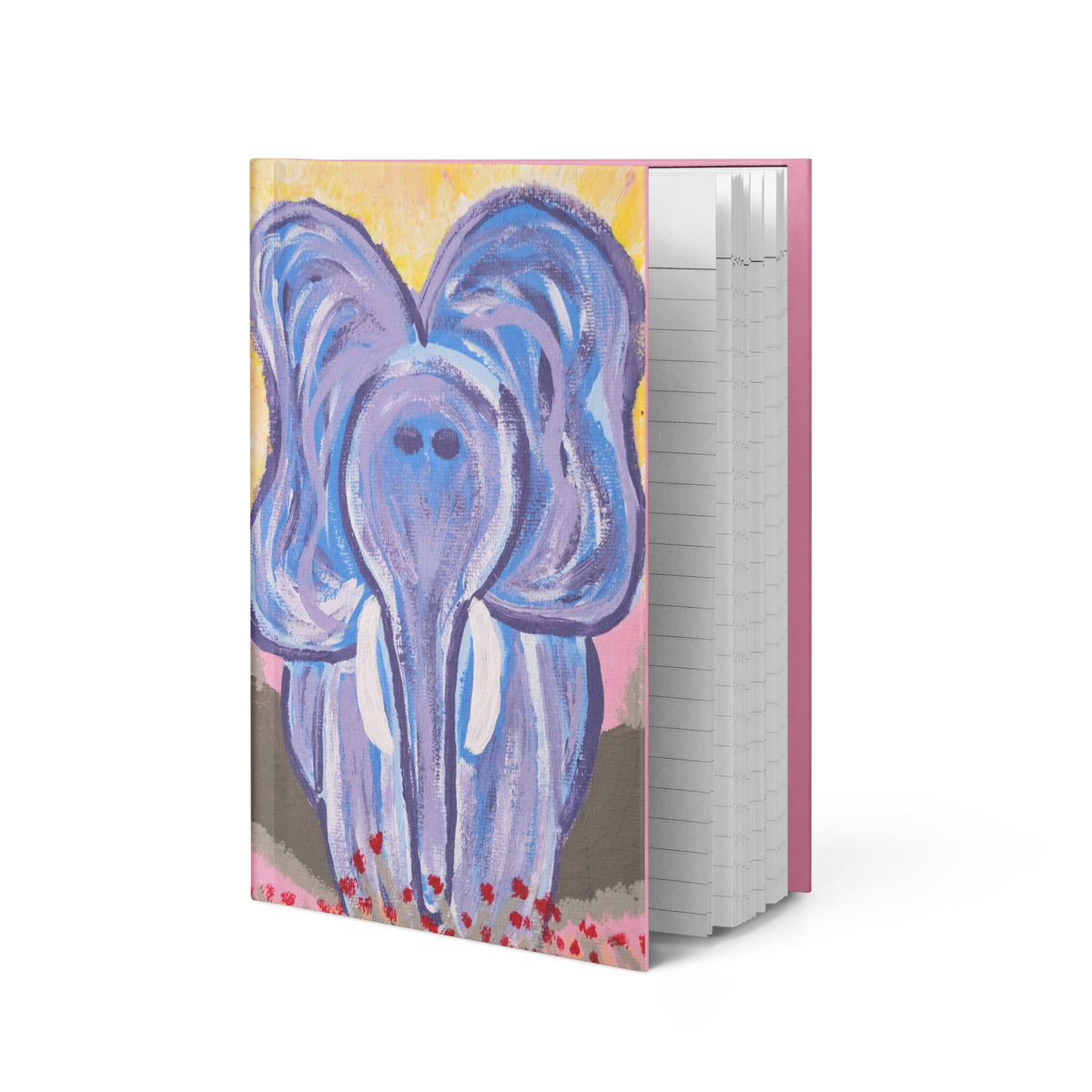 Hardcover journal with acrylic painted elephant design standing with lined pages exposed