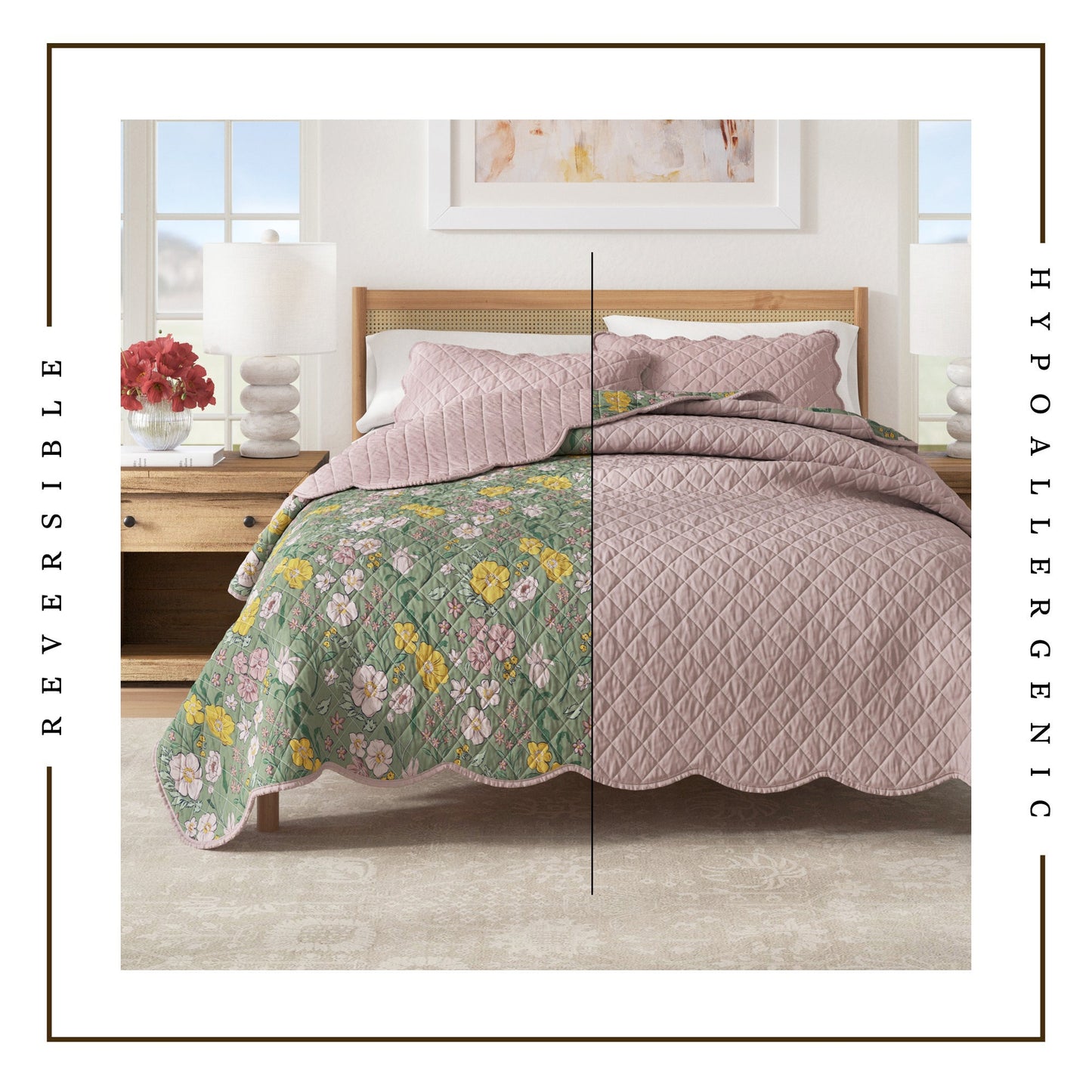 Reversible quilt with floral pattern on a bed in a bedroom setting