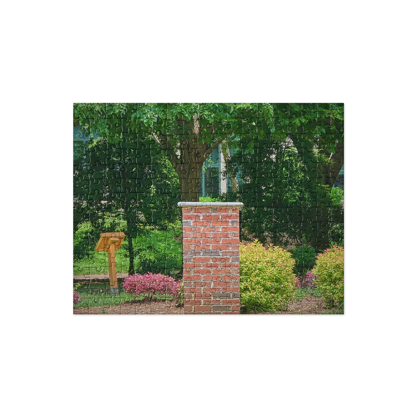 Your Suggested brand jigsaw puzzle illustrated with Brick column in a garden with trees and shrubs