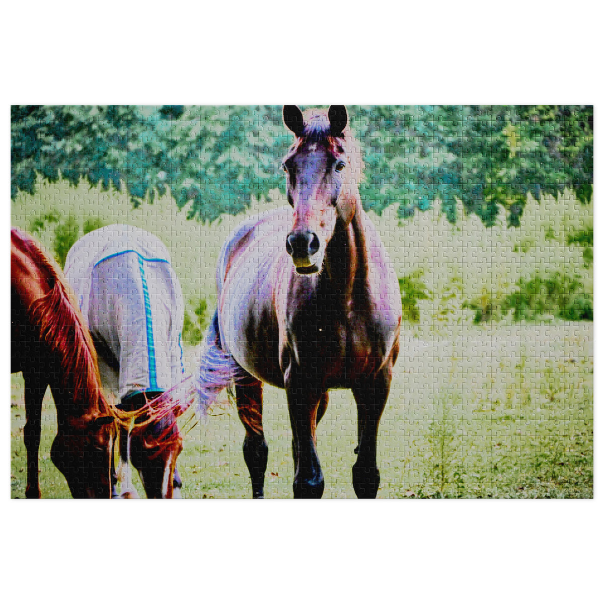A rectangular printed puzzle featuring three horses in a grassy field, with a white border around the product on a white background.