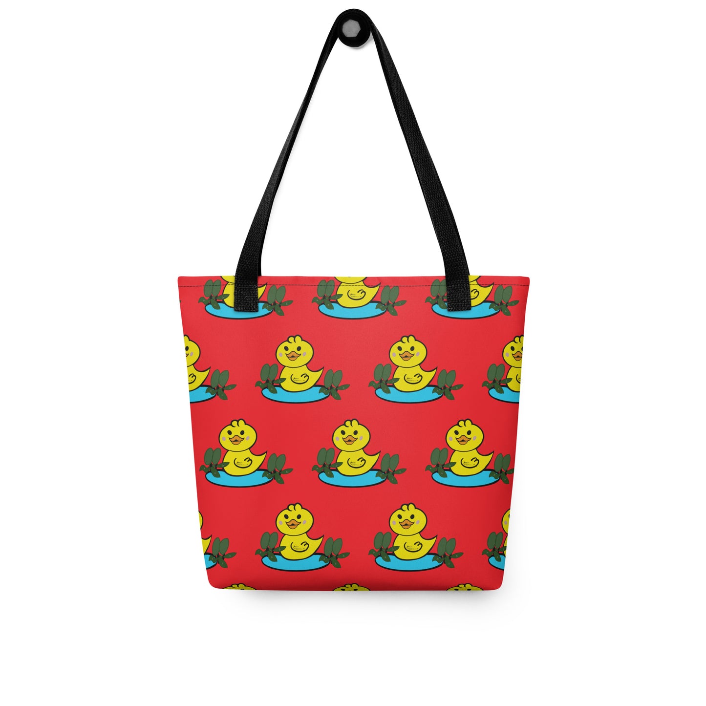 Paint Your Palette Tote bag with yellow duck pattern on a red background and black handle