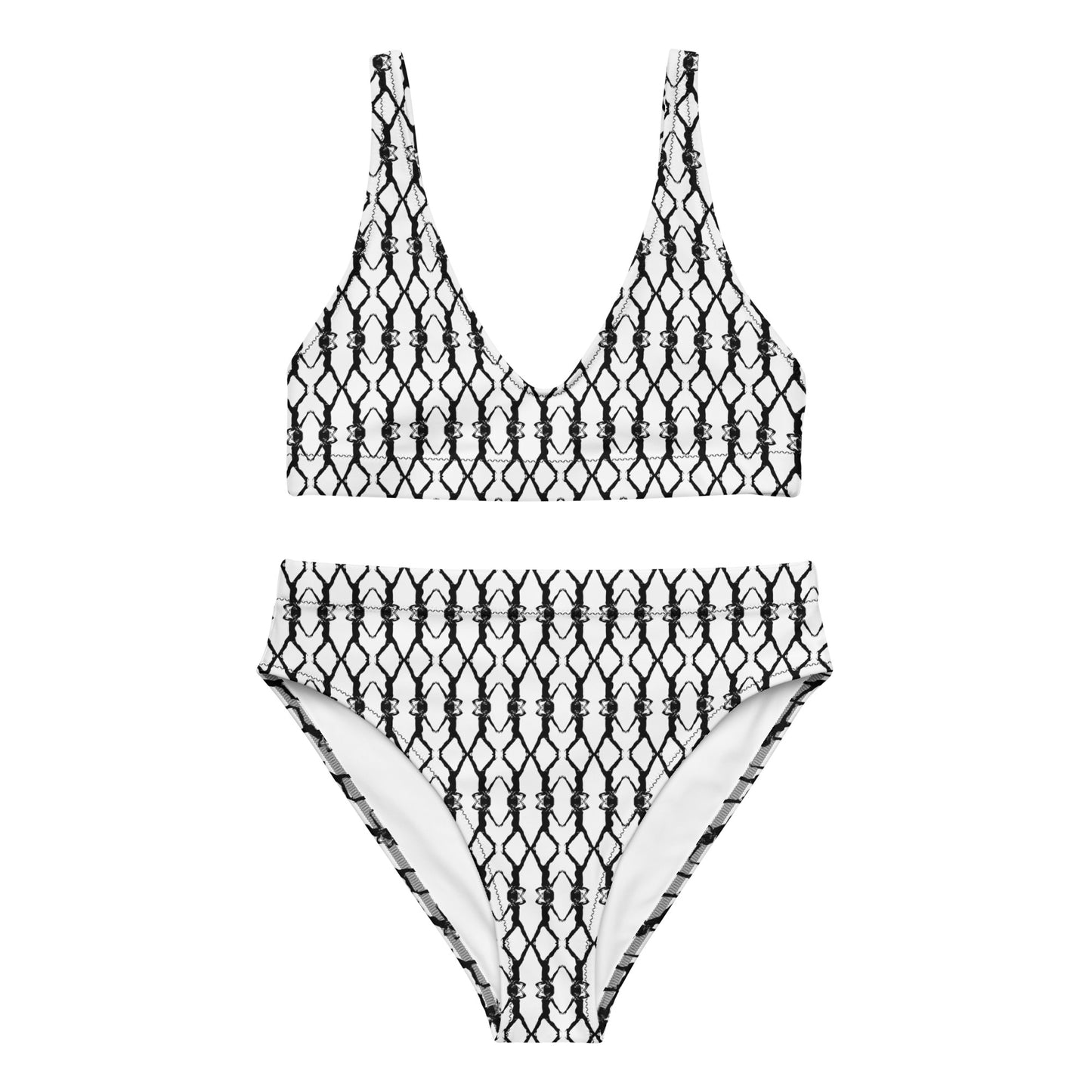 Black and white pattern bikini set on a white background