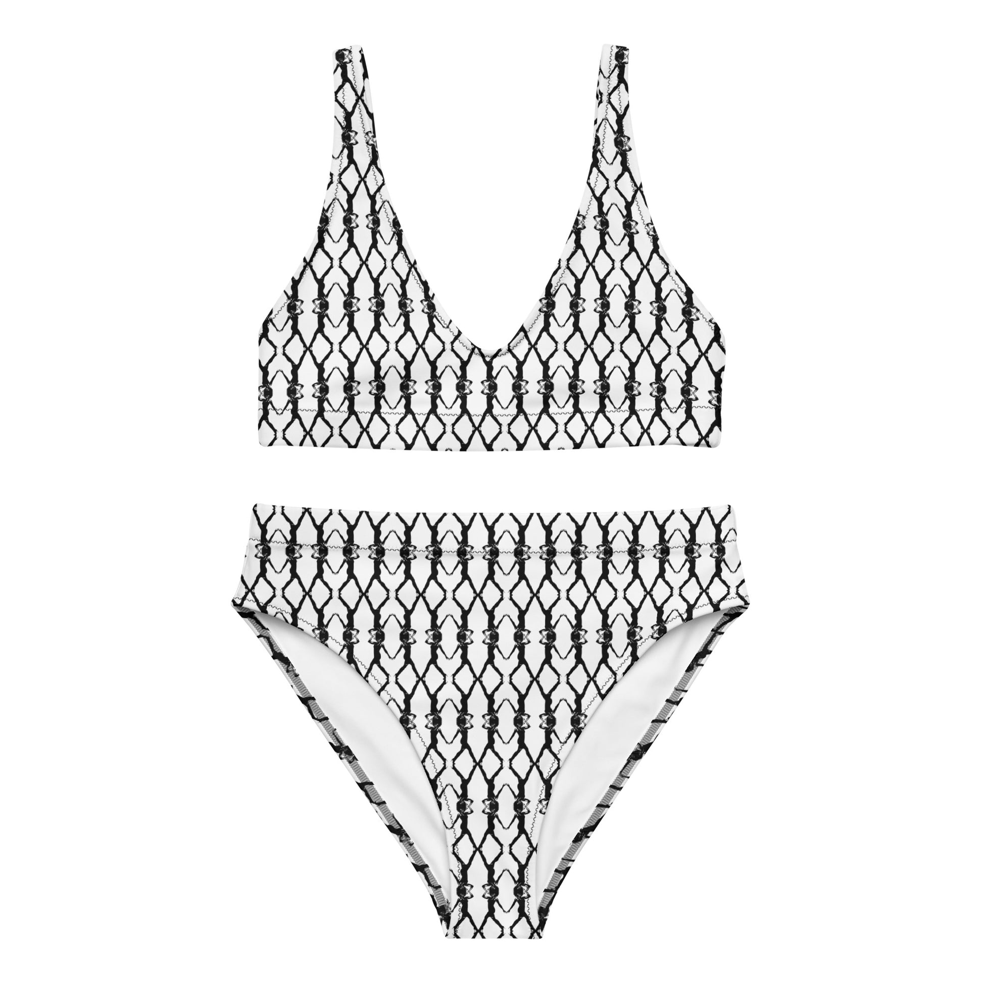 Black and white pattern bikini set on a white background