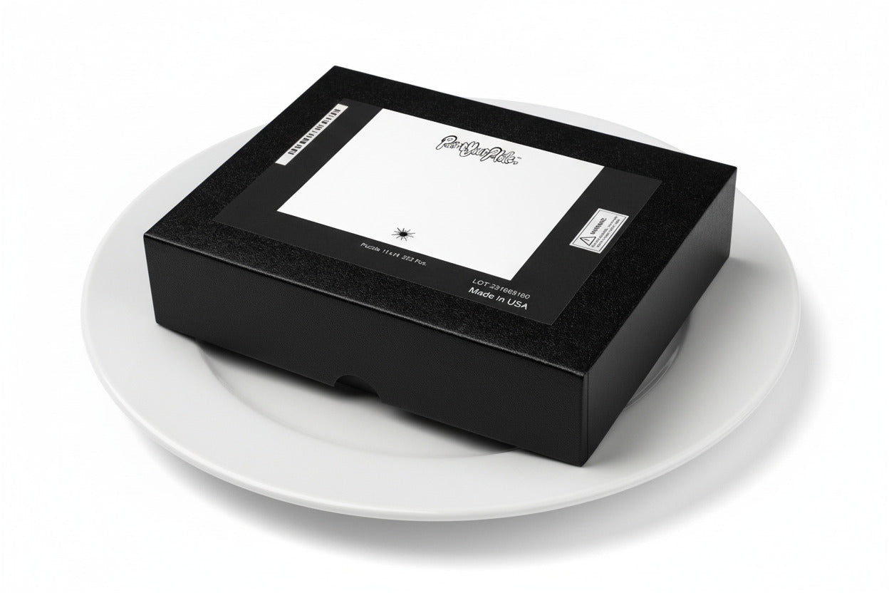 Paint Your Palette brand jigsaw puzzle box on a white dinner plate.