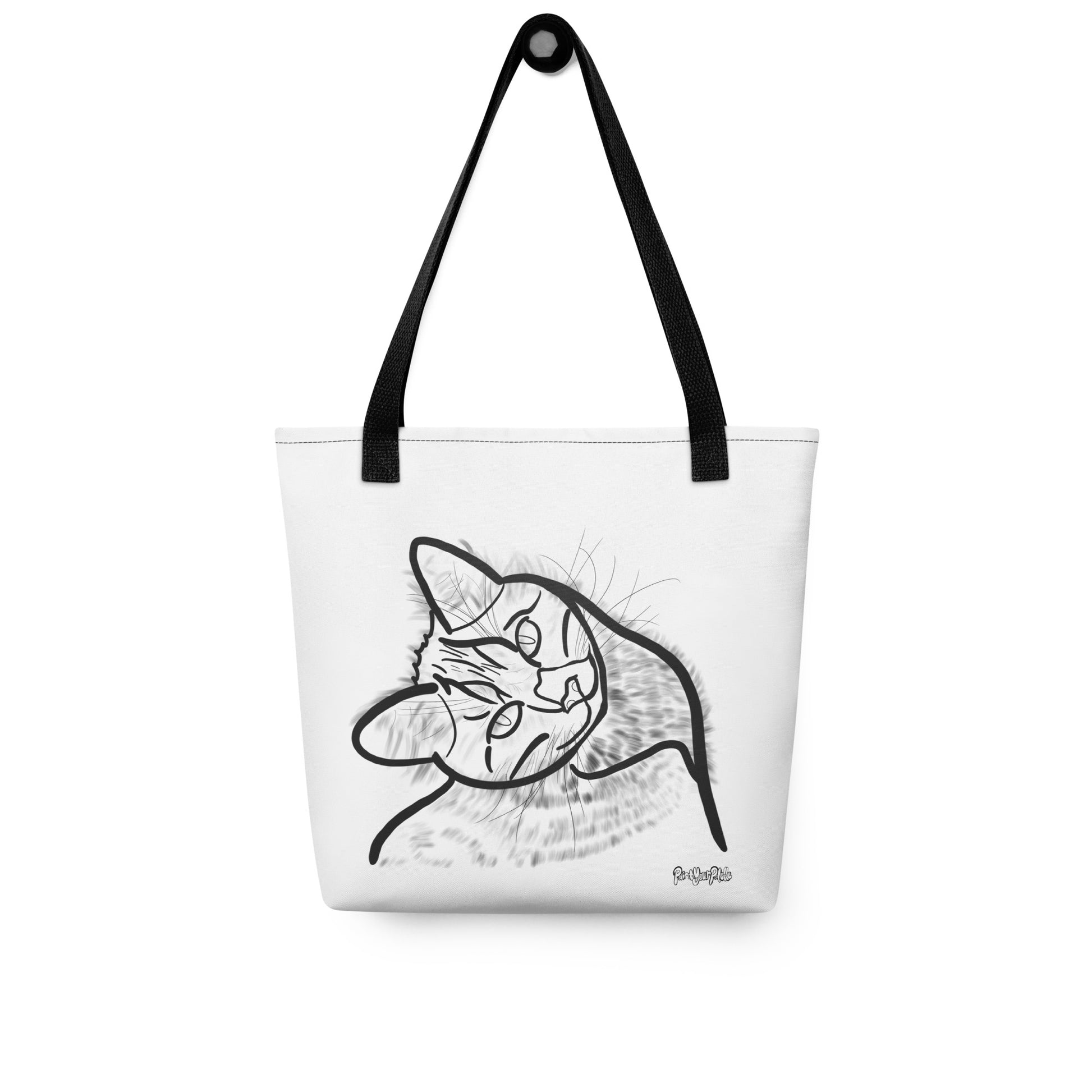Tote bag with a black and white cat illustration on a white background