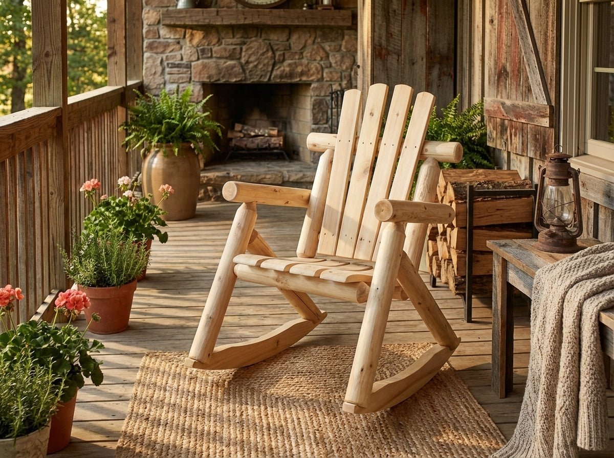 Wooden rocking chair on a wooden deck with plants and a fireplace in the background