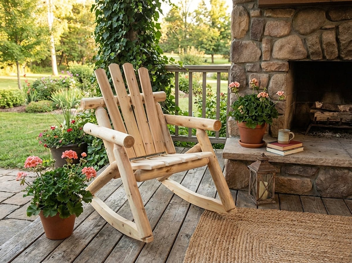 Wooden rocking chair on a wooden deck with potted plants and a stone fireplace.
