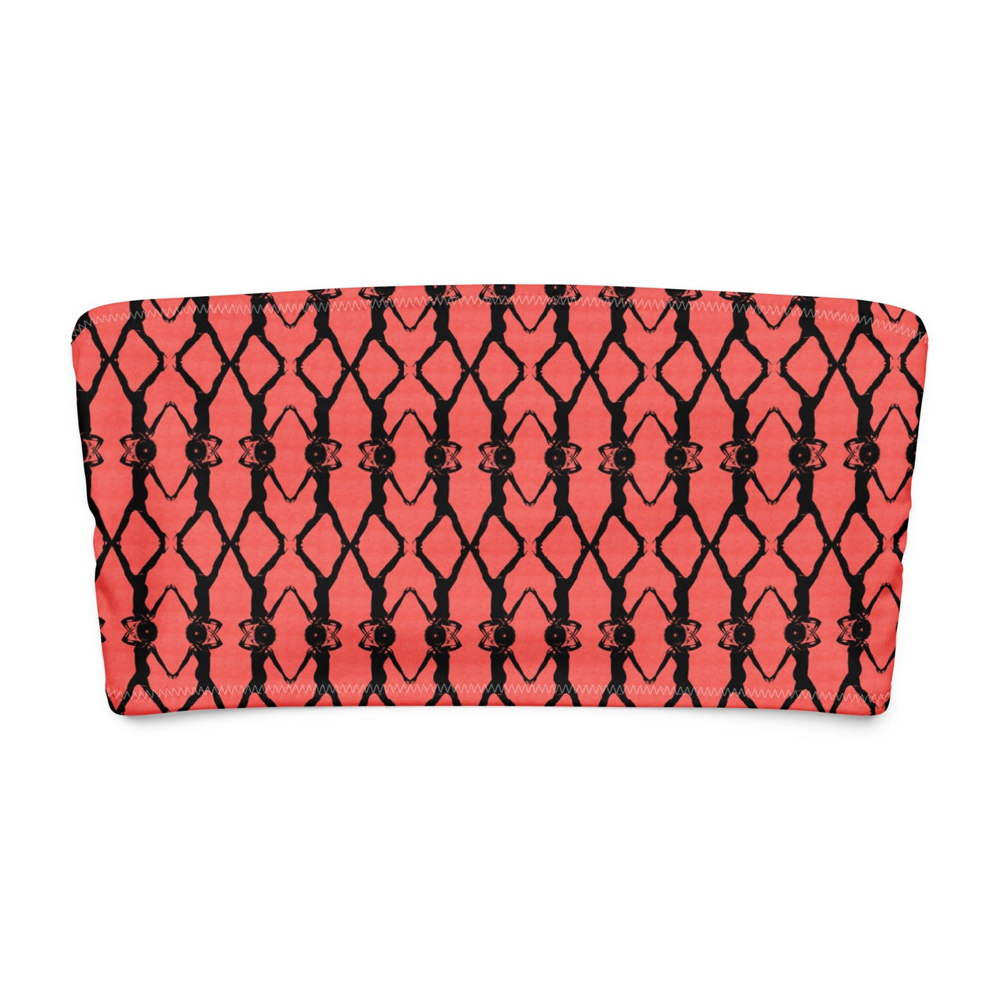 Red strapless top with black geometric pattern on a white background