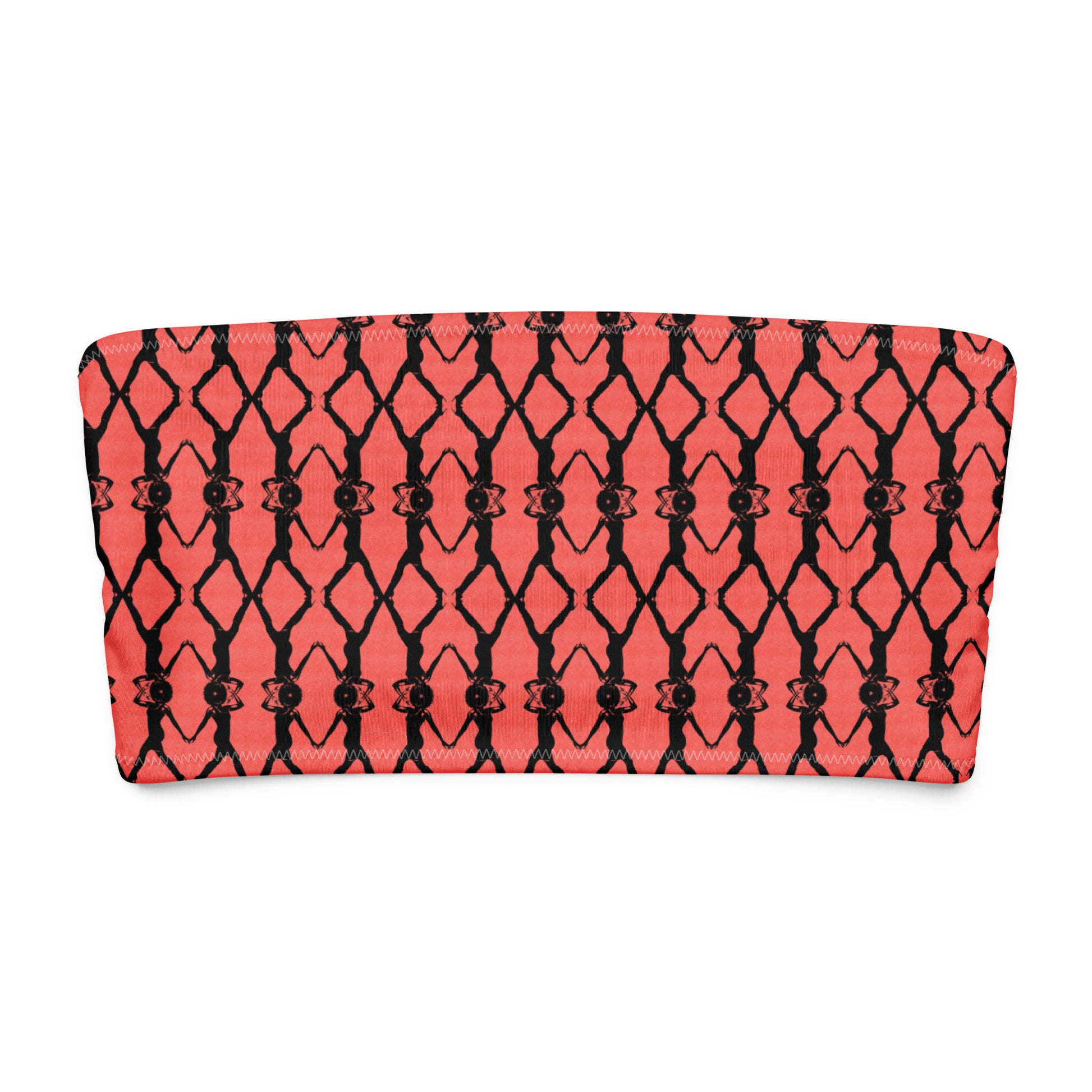 Red strapless top with black geometric pattern on a white background