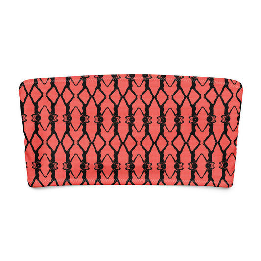 Red strapless top with black geometric pattern on a white background