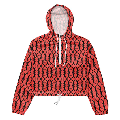 Red hoodie with black geometric pattern on a white background