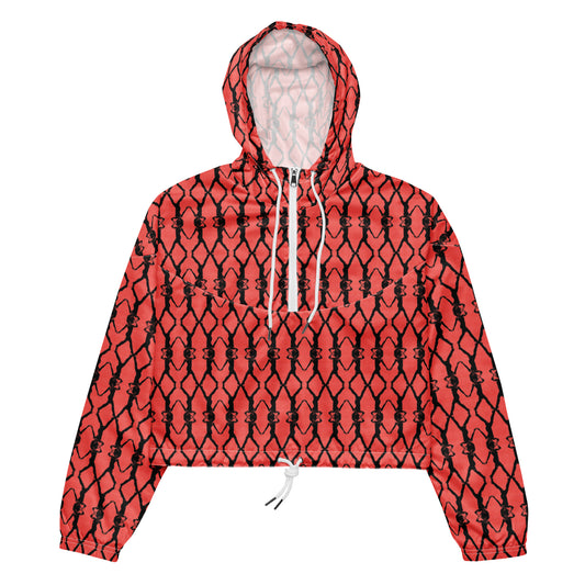 Red hoodie with black geometric pattern on a white background