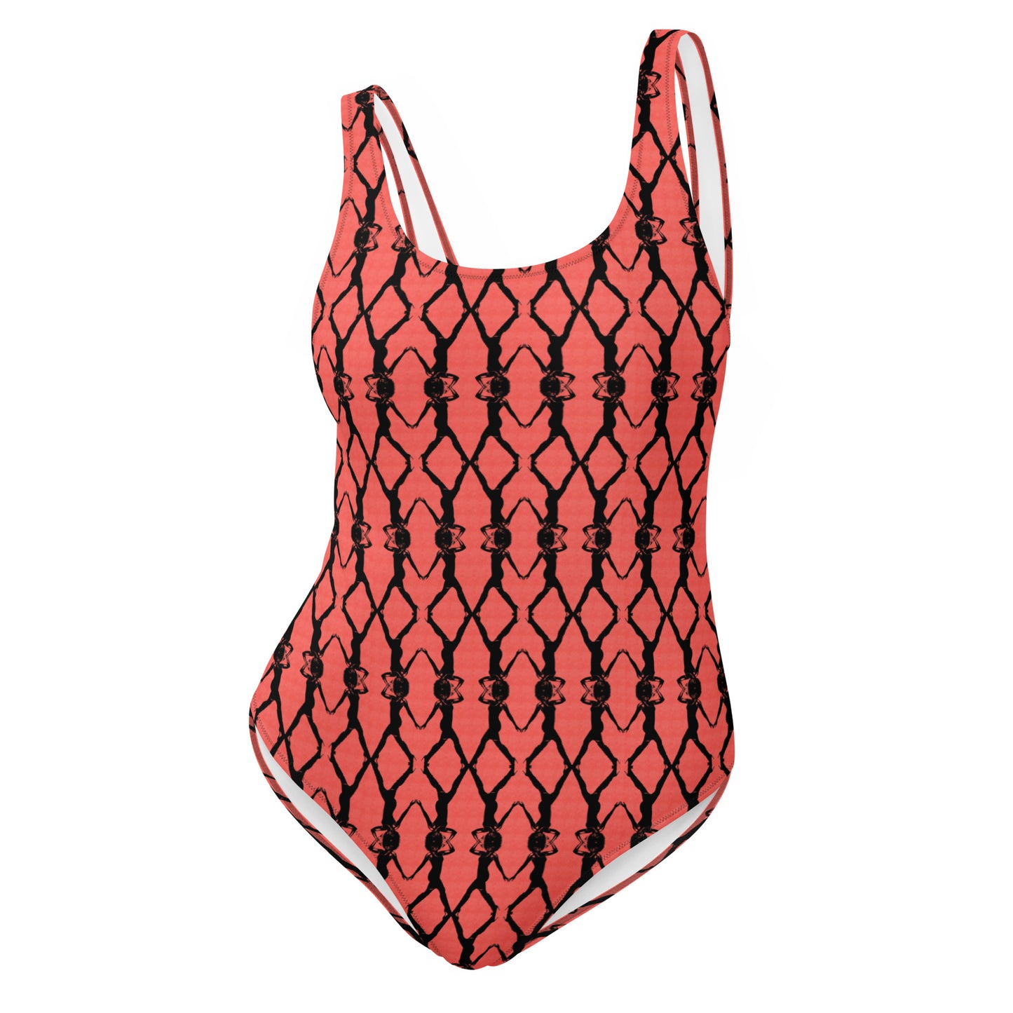 Red swimsuit with black geometric pattern on a white background