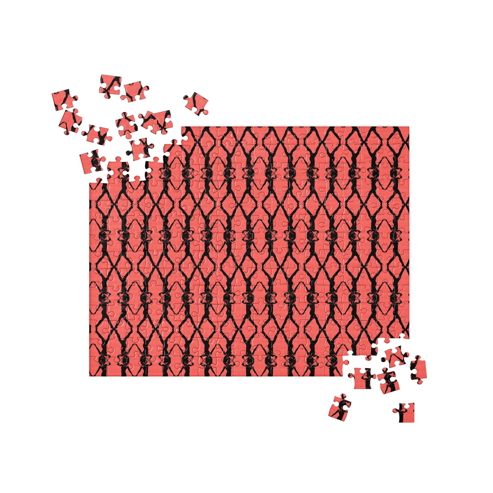 Jigsaw puzzle with a red and black pattern on a white background