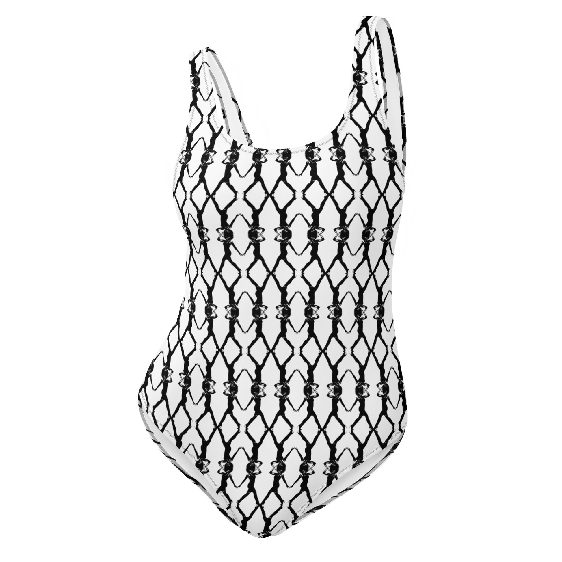 Black and white patterned swimsuit with beaded details on a white background