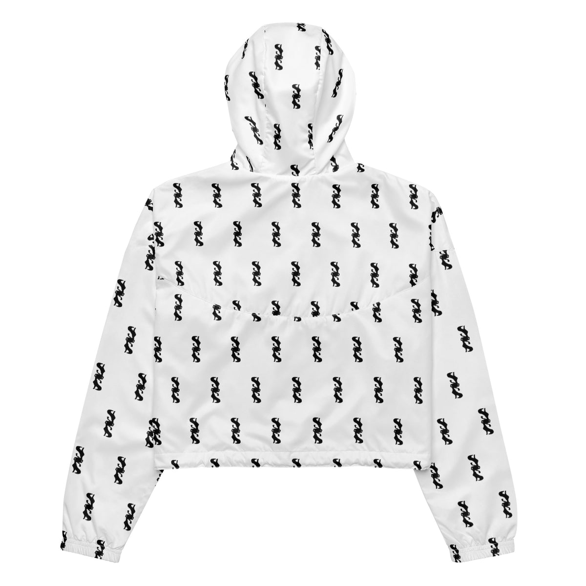 A white cropped hooded jacket with an all-over black repeating logo pattern, shown flat against a solid white background.