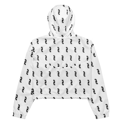 A white cropped hooded jacket with an all-over black repeating logo pattern, shown flat against a solid white background.