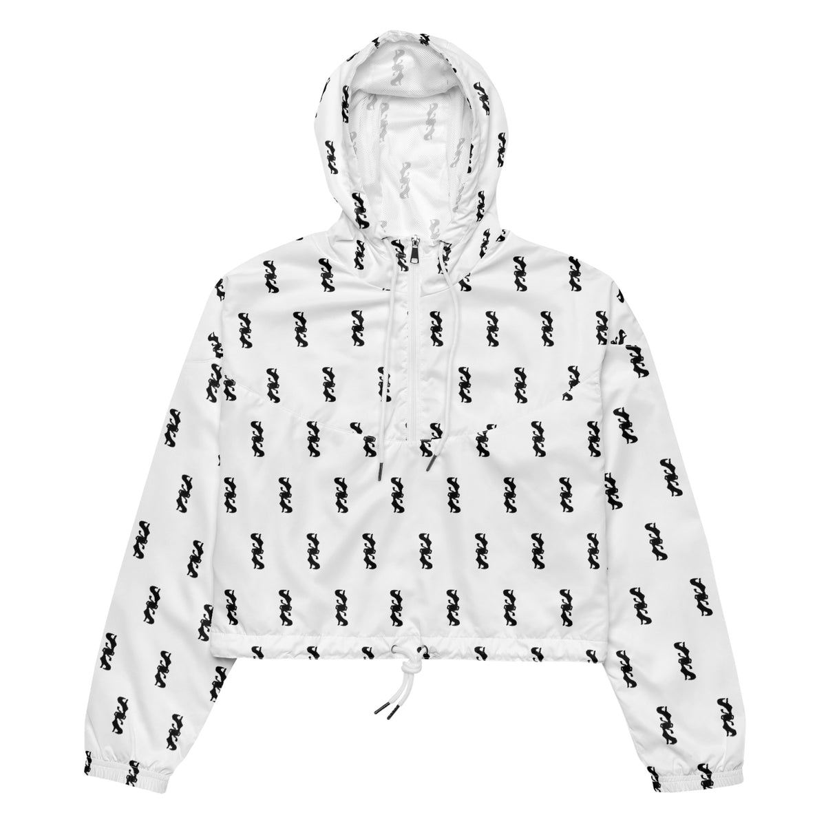 A white hooded windbreaker jacket featuring an all-over black repeating logo pattern, displayed flat against a solid white background.