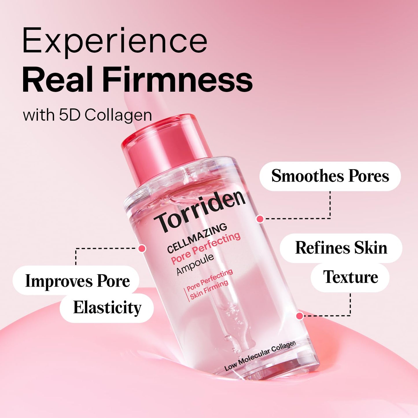 Torriden Cellmazing Pore Perfecting Ampoule bottle on a pink background with text highlighting benefits.