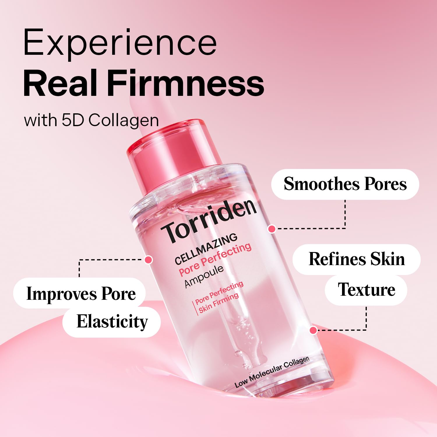 Torriden Cellmazing Pore Perfecting Ampoule bottle on a pink background with text highlighting benefits.