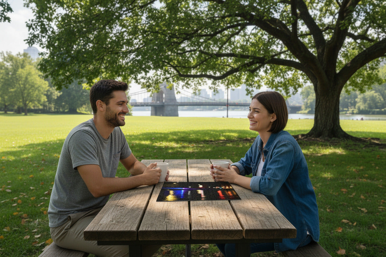 Your Suggested Brand Jiggsaw Puzzle on a table in the park with 2 people sitting at the table. 