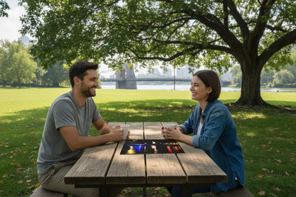 Your Suggested Brand Jiggsaw Puzzle on a table in the park with 2 people sitting at the table. 