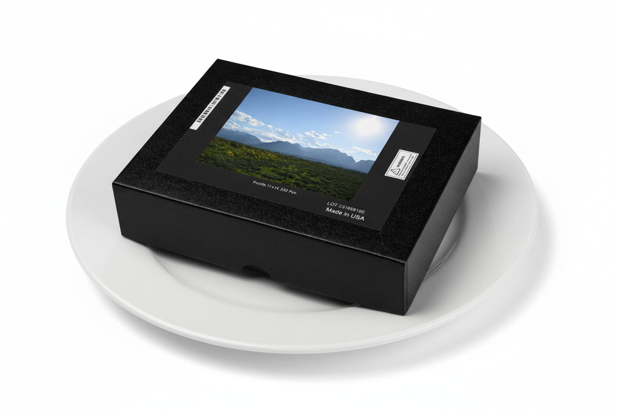 Your Suggested Brand jigsaw puzzle box on a plate with a scenic landscape cover on a white background, on a dinner plate.