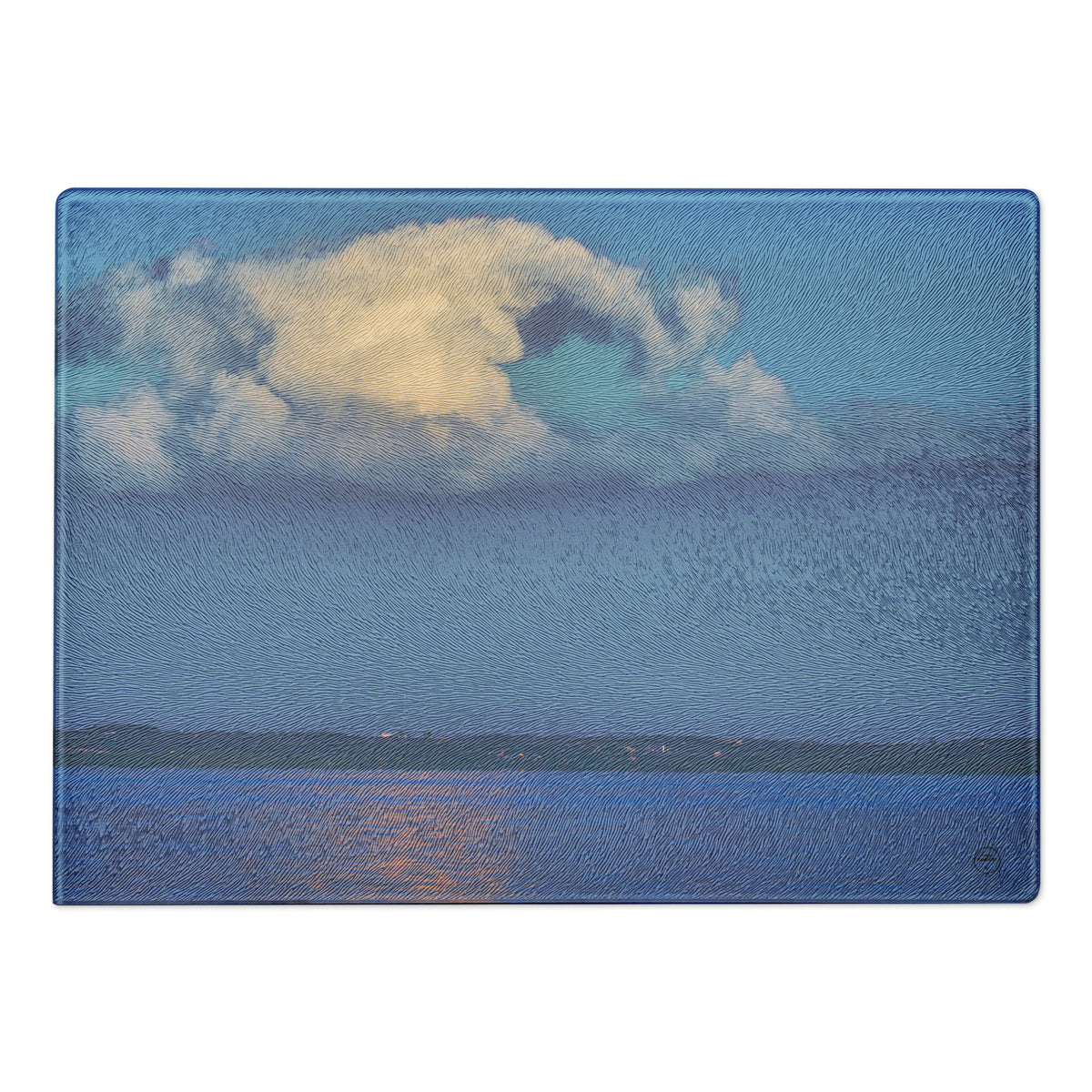 Your Suggested Brand cutting board with a design of a cloud over water on a blue background
