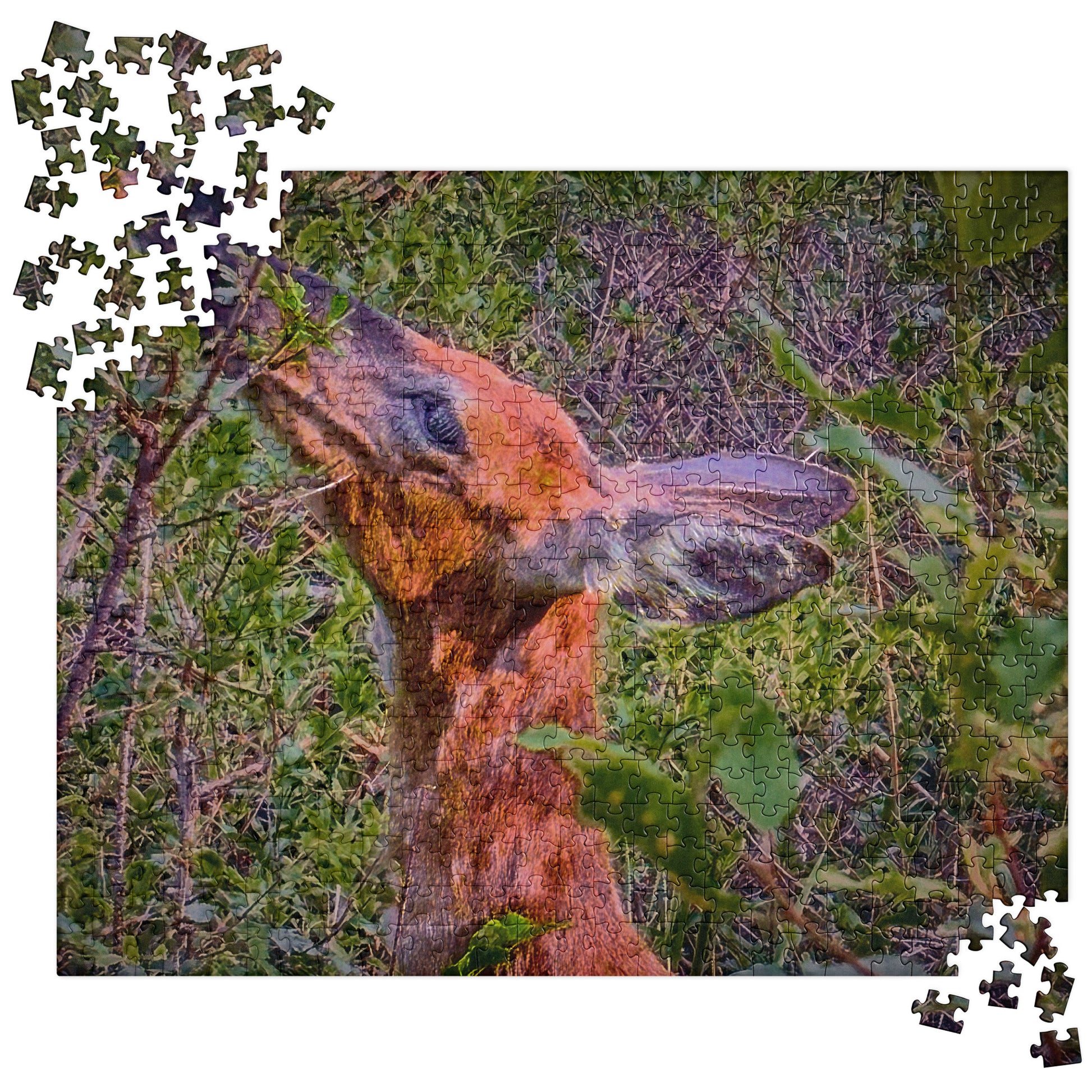 Your Suggested brand Jigsaw puzzle of a deer in a forest with missing pieces.