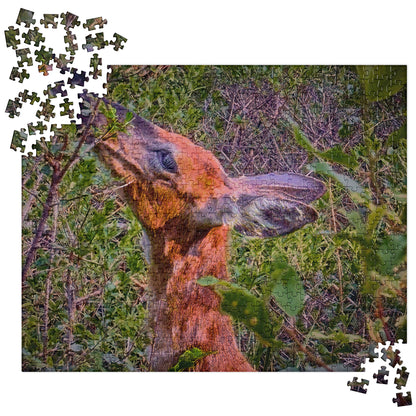Your Suggested brand Jigsaw puzzle of a deer in a forest with missing pieces.